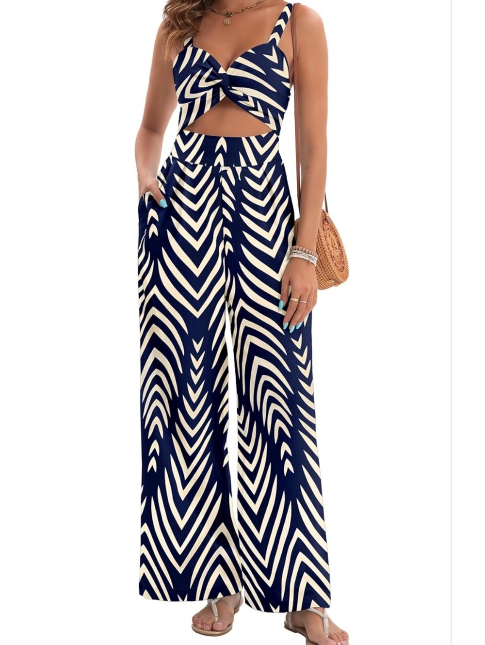 Women’s Navy & Cream Wide-Leg Jumpsuit with Twist Front